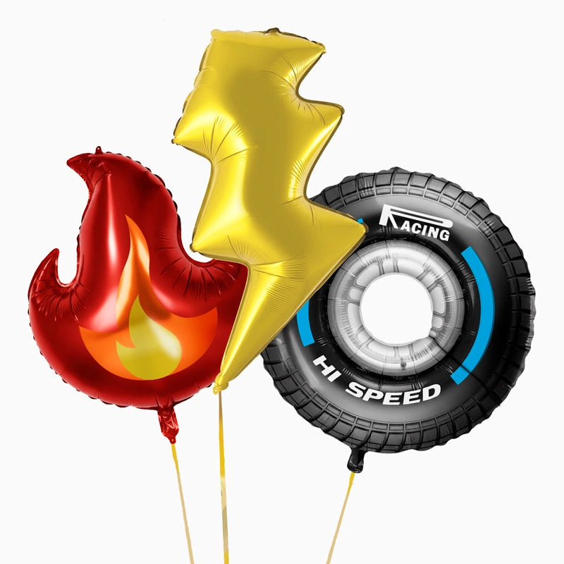 Set globos foil rayo, rueda, fuego apto helio 3 ud