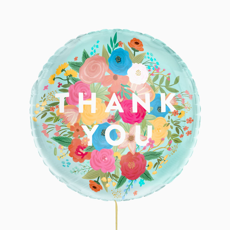 Globo foil redondo "thank you" floral azul ø43 cm 17" apto helio 1 ud