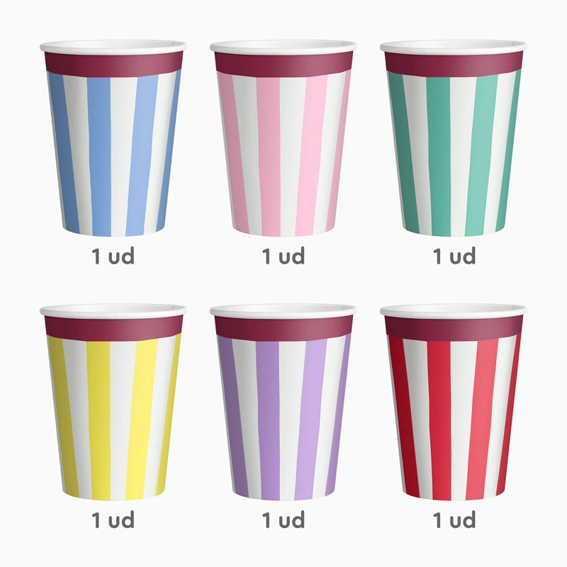 Vaso cartón cumpleaños rayas colores surtidos 270cc (9oz) 6 uds FSC - vista 3