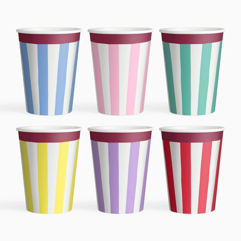 Vaso cartón cumpleaños rayas colores surtidos 270cc (9oz) 6 uds FSC